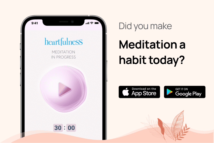 phone showing heartfulness meditation progress video and app download screen